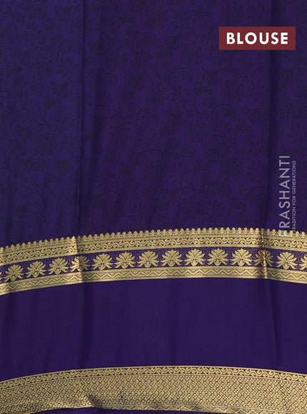 Semi mysore silk saree teal blue and navy blue with allover floral prints and rettapet zari woven border