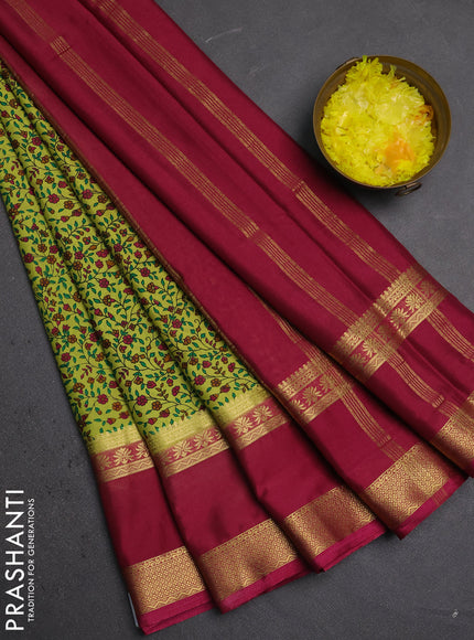 Semi mysore silk saree lime green and maroon with allover floral prints and rettapet zari woven border