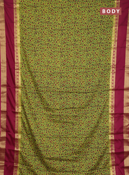 Semi mysore silk saree lime green and maroon with allover floral prints and rettapet zari woven border