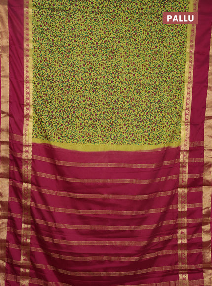 Semi mysore silk saree lime green and maroon with allover floral prints and rettapet zari woven border