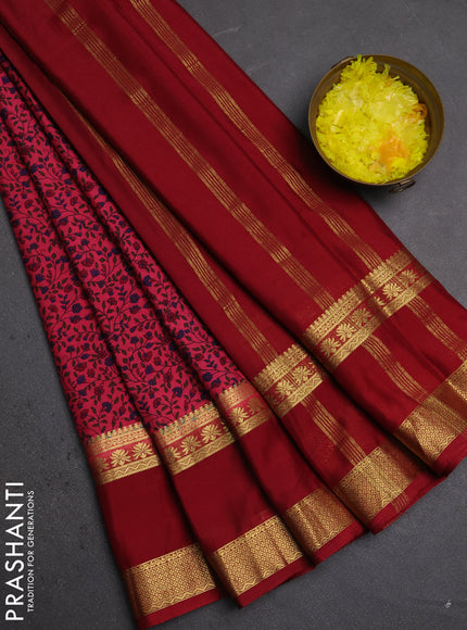 Semi mysore silk saree peach pink and maroon with allover floral prints and rettapet zari woven border