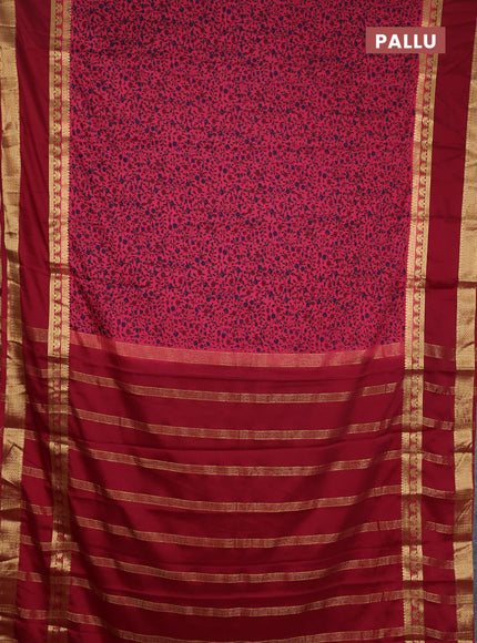 Semi mysore silk saree peach pink and maroon with allover floral prints and rettapet zari woven border