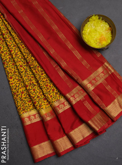 Semi mysore silk saree yellow and red with allover floral prints and rettapet zari woven border