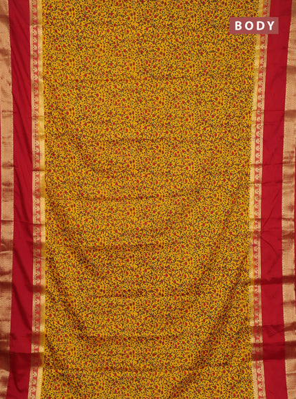 Semi mysore silk saree yellow and red with allover floral prints and rettapet zari woven border