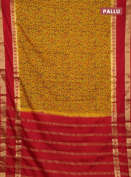Semi mysore silk saree yellow and red with allover floral prints and rettapet zari woven border