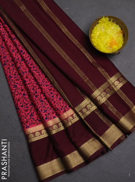 Semi mysore silk saree peach pink and coffee brown with allover floral prints and rettapet zari woven border