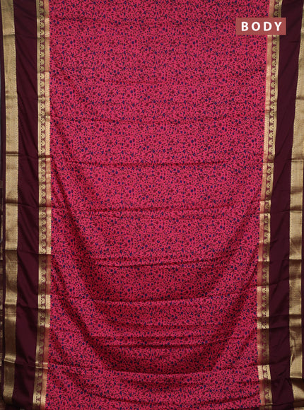 Semi mysore silk saree peach pink and coffee brown with allover floral prints and rettapet zari woven border