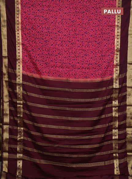 Semi mysore silk saree peach pink and coffee brown with allover floral prints and rettapet zari woven border