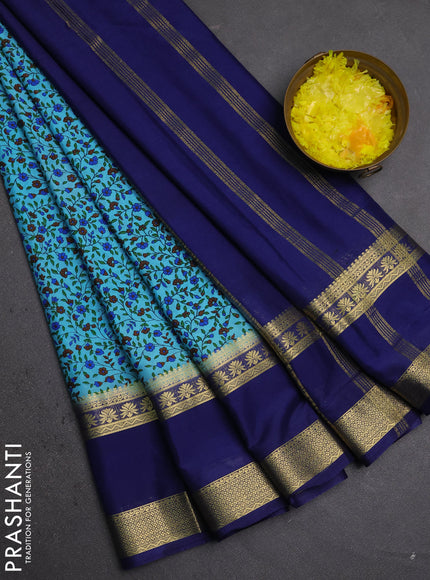 Semi mysore silk saree teal blue and blue with allover floral prints and rettapet zari woven border