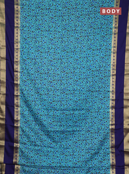 Semi mysore silk saree teal blue and blue with allover floral prints and rettapet zari woven border