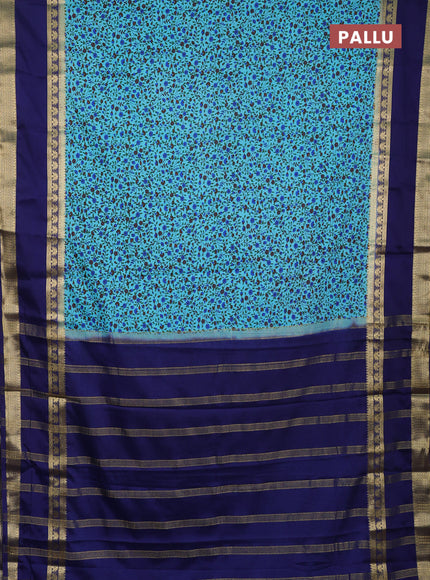 Semi mysore silk saree teal blue and blue with allover floral prints and rettapet zari woven border