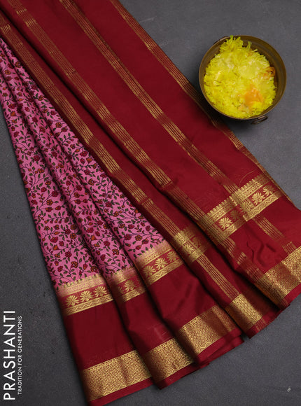 Semi mysore silk saree pink and maroon with allover floral prints and rettapet zari woven border