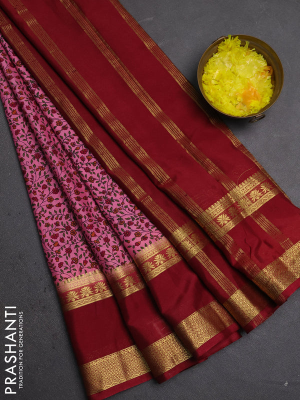 Semi mysore silk saree pink and maroon with allover floral prints and rettapet zari woven border
