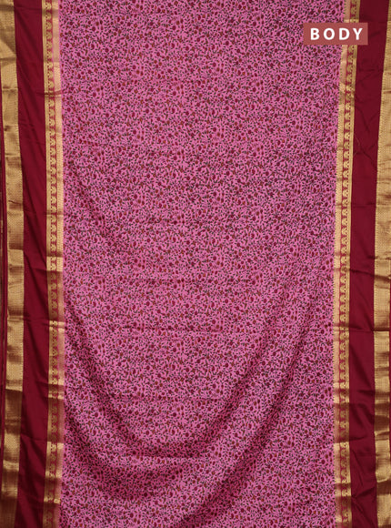 Semi mysore silk saree pink and maroon with allover floral prints and rettapet zari woven border