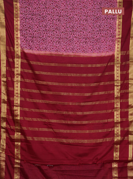 Semi mysore silk saree pink and maroon with allover floral prints and rettapet zari woven border