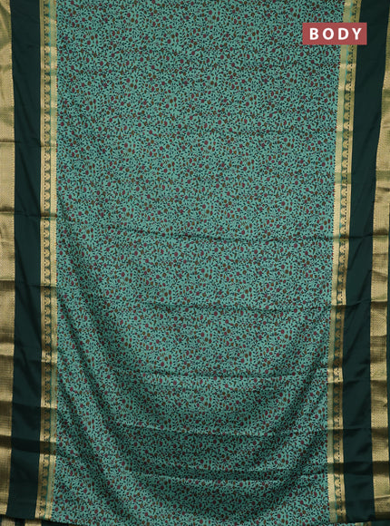 Semi mysore silk saree pastel green and green with allover floral prints and rettapet zari woven border