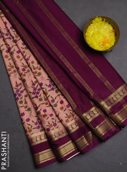 Semi mysore silk saree peach shade and purple with allover floral prints and rettapet zari woven border