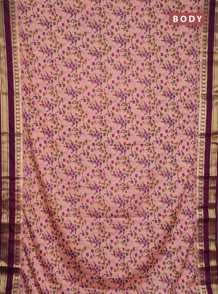 Semi mysore silk saree peach shade and purple with allover floral prints and rettapet zari woven border