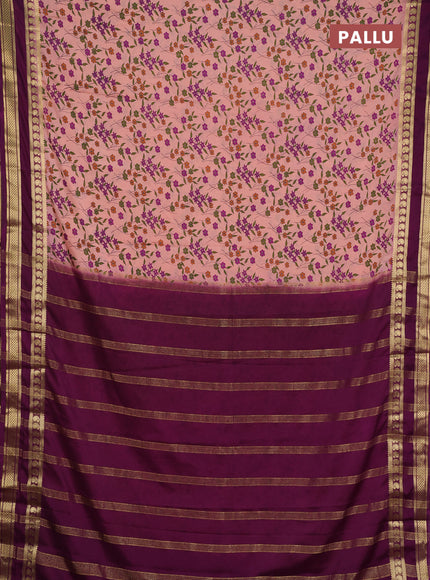 Semi mysore silk saree peach shade and purple with allover floral prints and rettapet zari woven border
