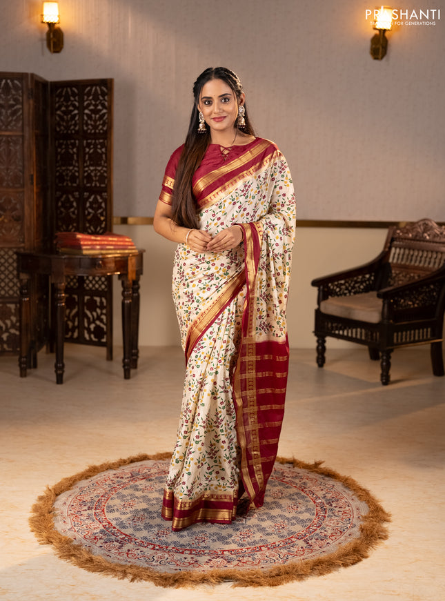 Semi mysore silk saree cream and deep maroon with allover floral prints and rettapet zari woven border
