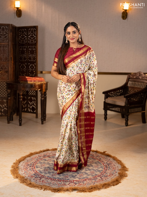 Semi mysore silk saree cream and deep maroon with allover floral prints and rettapet zari woven border
