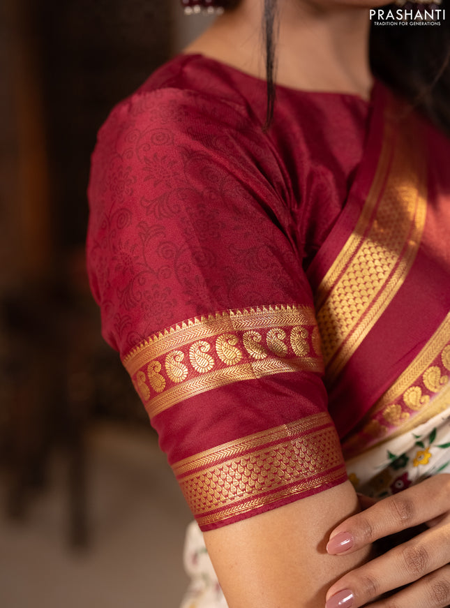 Semi mysore silk saree cream and deep maroon with allover floral prints and rettapet zari woven border