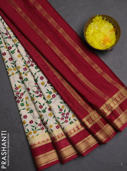 Semi mysore silk saree cream and deep maroon with allover floral prints and rettapet zari woven border