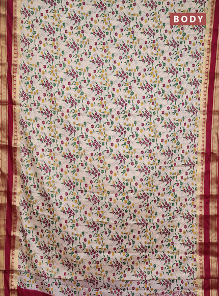 Semi mysore silk saree cream and deep maroon with allover floral prints and rettapet zari woven border