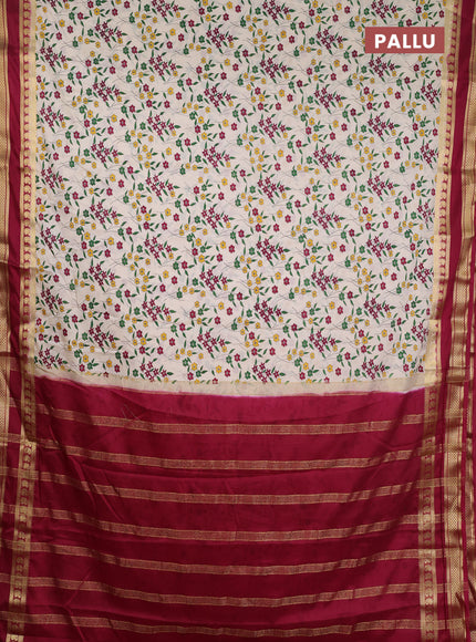 Semi mysore silk saree cream and deep maroon with allover floral prints and rettapet zari woven border