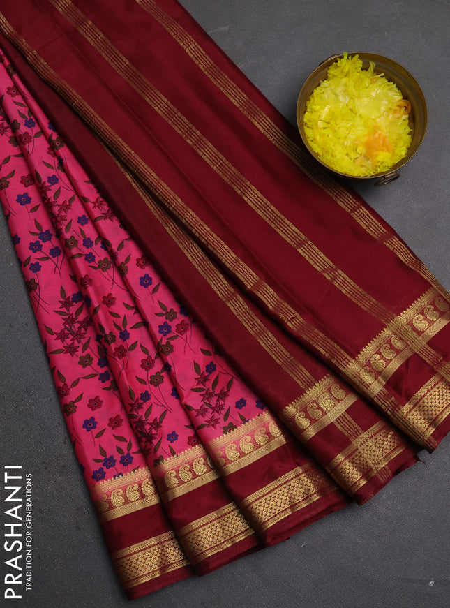 Semi mysore silk saree pink and deep maroon with allover floral prints and rettapet zari woven border