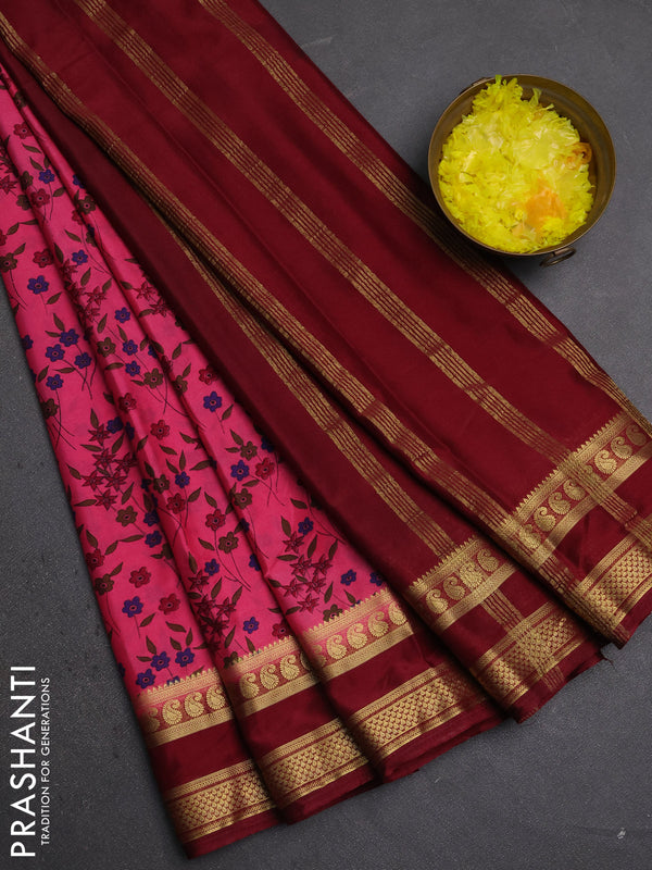 Semi mysore silk saree pink and deep maroon with allover floral prints and rettapet zari woven border