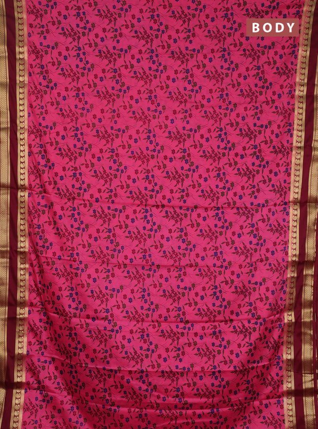 Semi mysore silk saree pink and deep maroon with allover floral prints and rettapet zari woven border