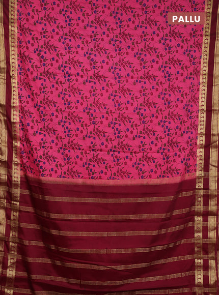 Semi mysore silk saree pink and deep maroon with allover floral prints and rettapet zari woven border