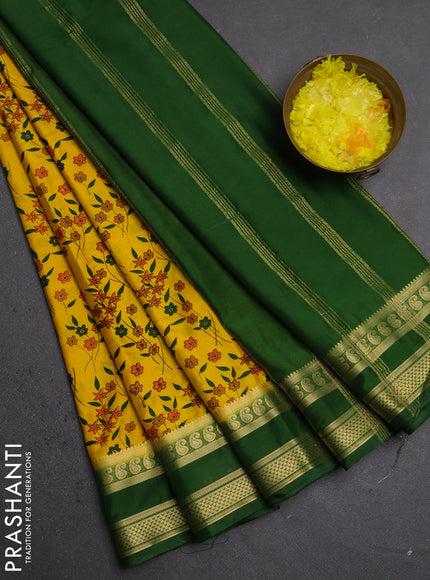 Semi mysore silk saree yellow and green with allover floral prints and rettapet zari woven border