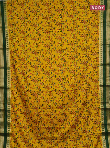 Semi mysore silk saree yellow and green with allover floral prints and rettapet zari woven border