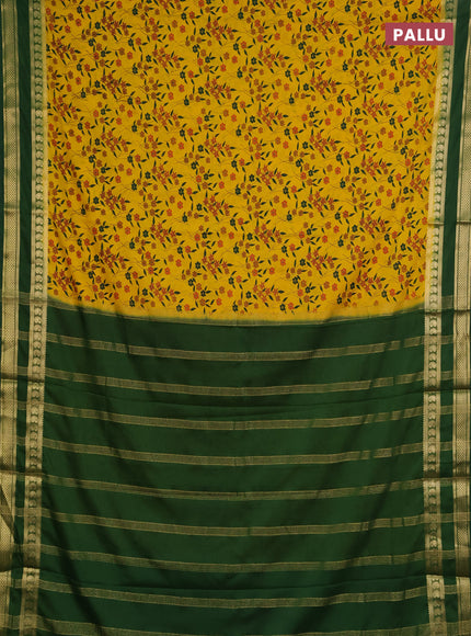 Semi mysore silk saree yellow and green with allover floral prints and rettapet zari woven border