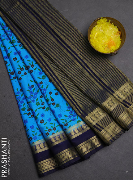 Semi mysore silk saree teal blue and navy blue with allover floral prints and rettapet zari woven border