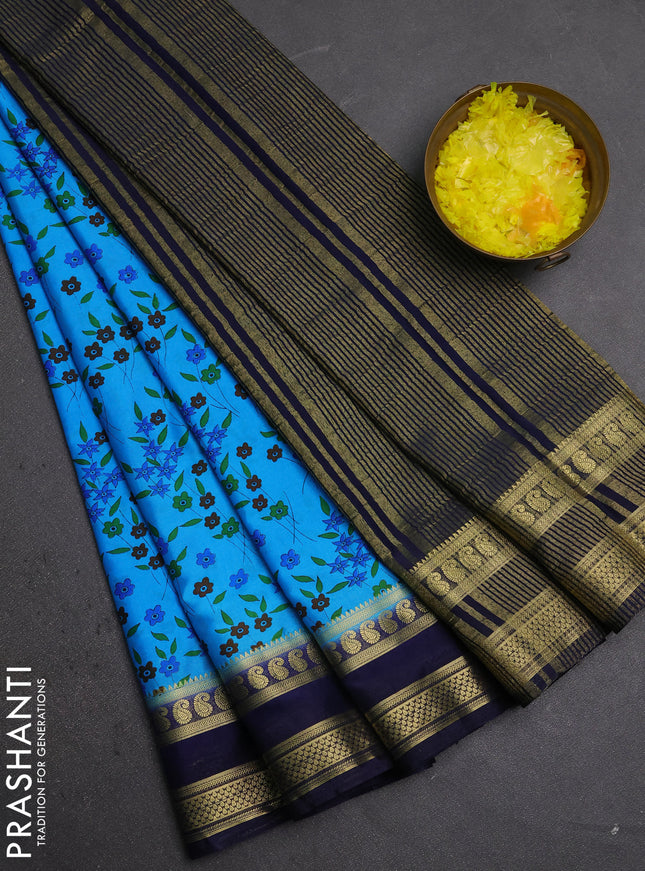 Semi mysore silk saree teal blue and navy blue with allover floral prints and rettapet zari woven border