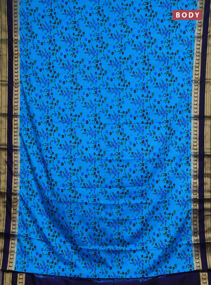 Semi mysore silk saree teal blue and navy blue with allover floral prints and rettapet zari woven border