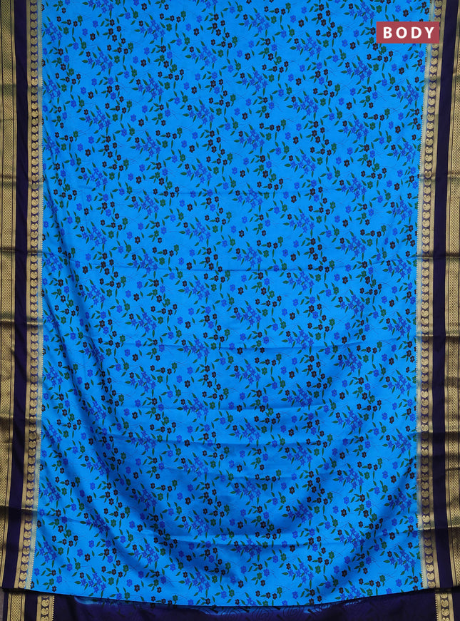 Semi mysore silk saree teal blue and navy blue with allover floral prints and rettapet zari woven border