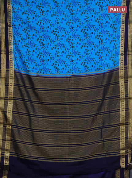 Semi mysore silk saree teal blue and navy blue with allover floral prints and rettapet zari woven border