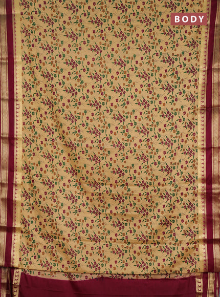 Semi mysore silk saree sandal and deep maroon with allover floral prints and rettapet zari woven border