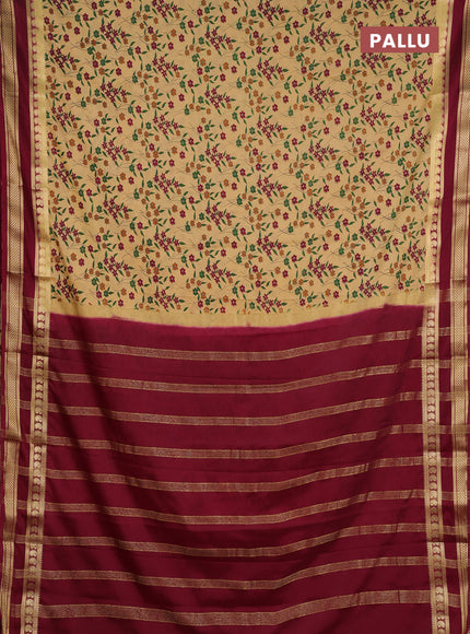 Semi mysore silk saree sandal and deep maroon with allover floral prints and rettapet zari woven border