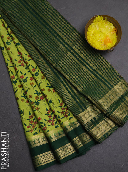 Semi mysore silk saree light green and bottle green with allover floral prints and rettapet zari woven border