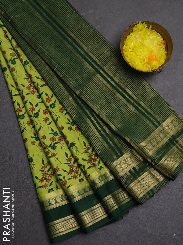 Semi mysore silk saree light green and bottle green with allover floral prints and rettapet zari woven border