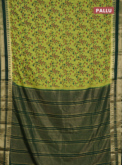Semi mysore silk saree light green and bottle green with allover floral prints and rettapet zari woven border