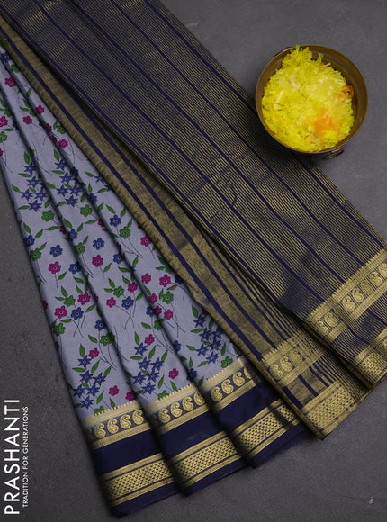 Semi mysore silk saree grey and navy blue with allover floral prints and rettapet zari woven border