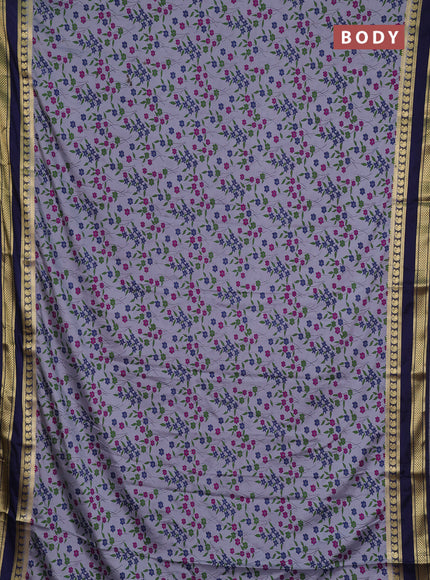 Semi mysore silk saree grey and navy blue with allover floral prints and rettapet zari woven border
