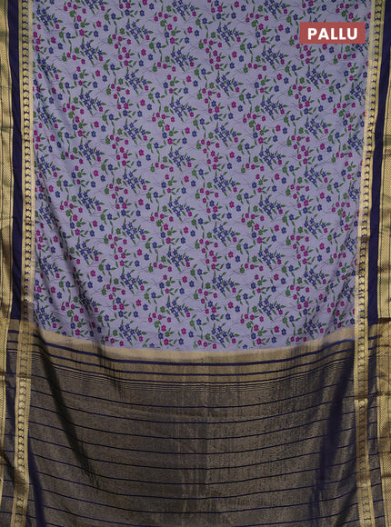 Semi mysore silk saree grey and navy blue with allover floral prints and rettapet zari woven border