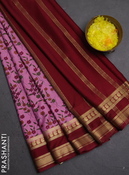 Semi mysore silk saree purple and deep maroon with allover floral prints and rettapet zari woven border